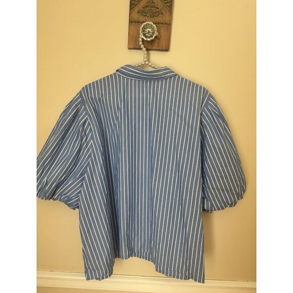 NWT Ophelia Roe Plus Size 3X Blue White Plaid Blouse Puff Sleeves Cotton - Picture 3 of 6